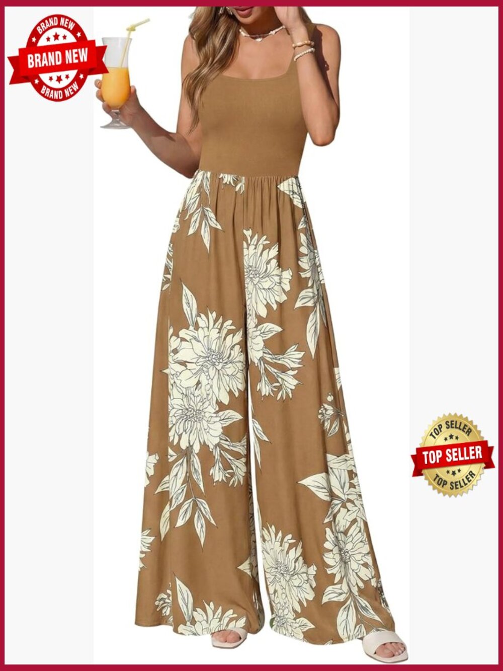 Women Sleeveless Boho Floral Wide Leg Jumpsuit with Pockets